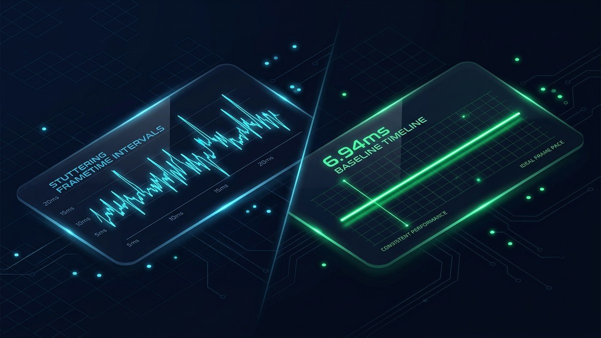Visual comparison of stuttering frametime intervals vs stable 6.94ms frame pacing baseline Visual comparison of stuttering frametime intervals vs stable 6.94ms frame pacing baseline