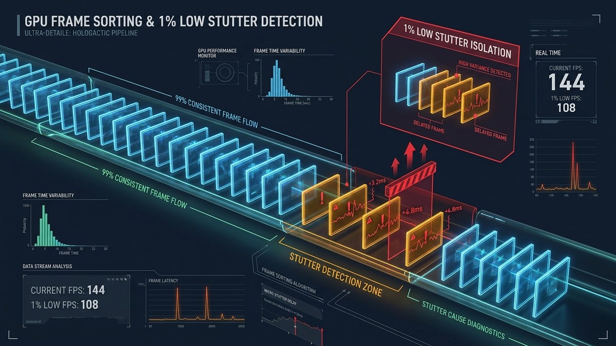 Infographic illustrating GPU frame sorting and 1% low micro-stutter isolation Infographic illustrating GPU frame sorting and 1% low micro-stutter isolation