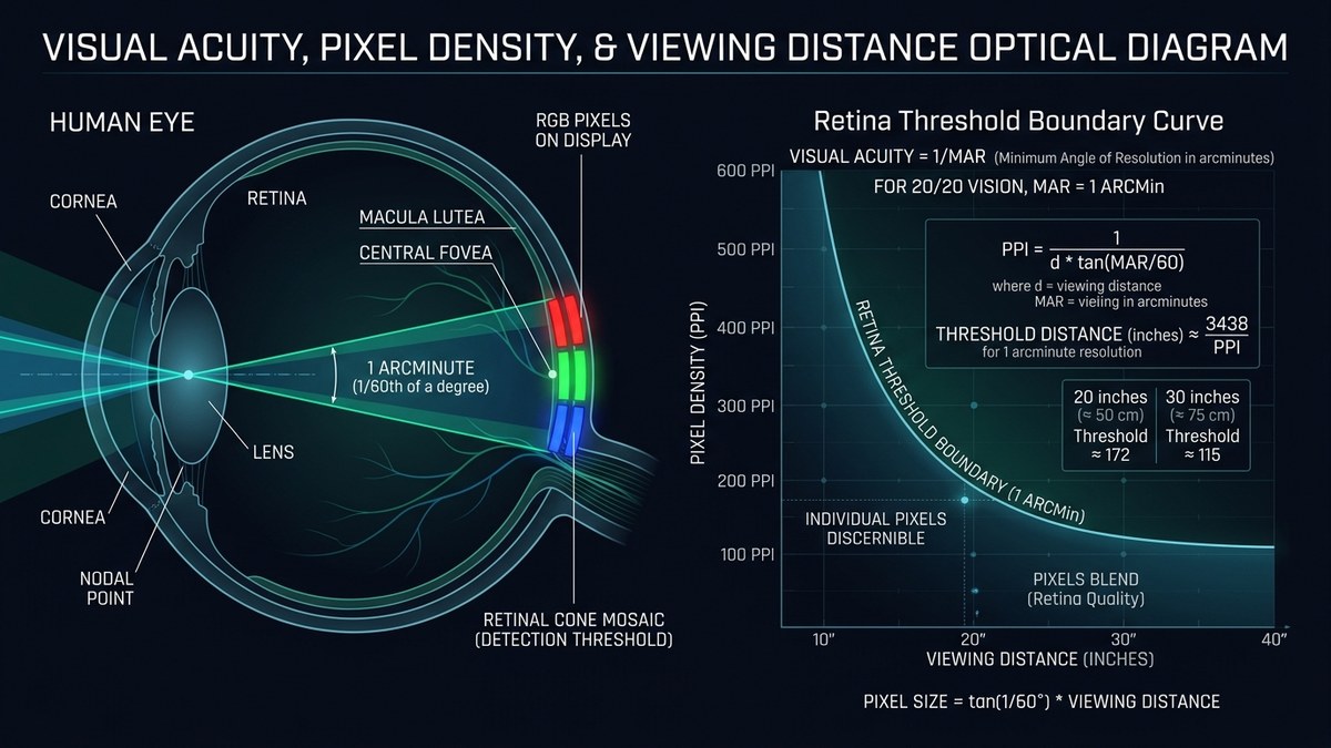 Visual acuity and pixel density optical diagram showing human eye retina threshold boundary curve Visual acuity and pixel density optical diagram showing human eye retina threshold boundary curve